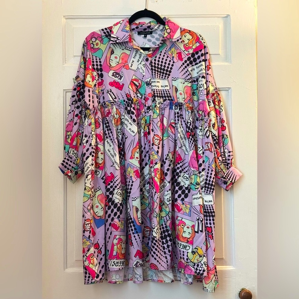 CQ by CQ Pop Art Comic Print Puff Sleeve Button-down Dress, size S